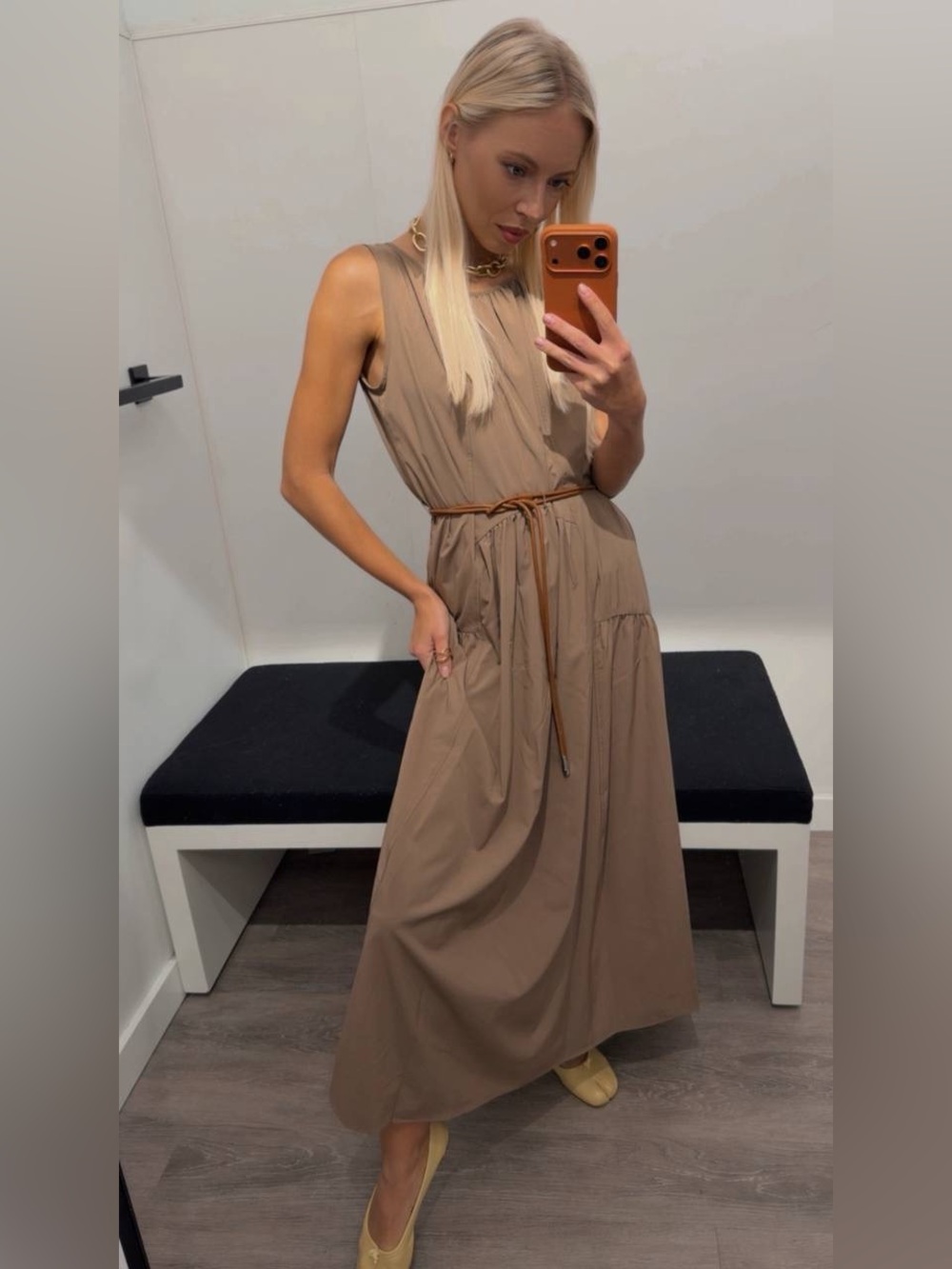 DKNY Sleeveless Midi Dress Taupe Brown Belted Cotton Blend Size 14 NWT